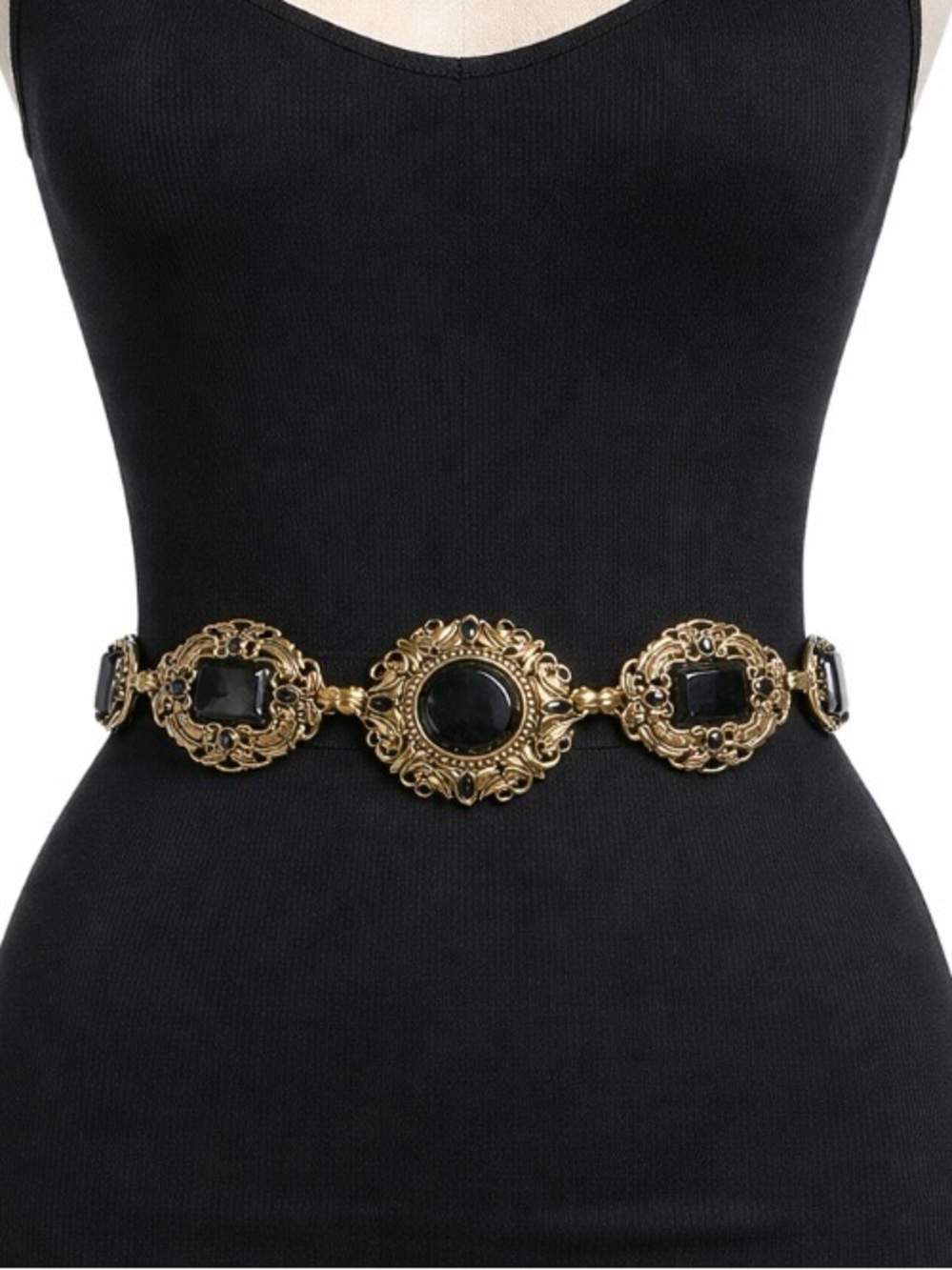 Chicos Vintage Gold Tone Medallion Belt Black Genuine Leather Statement Waist
